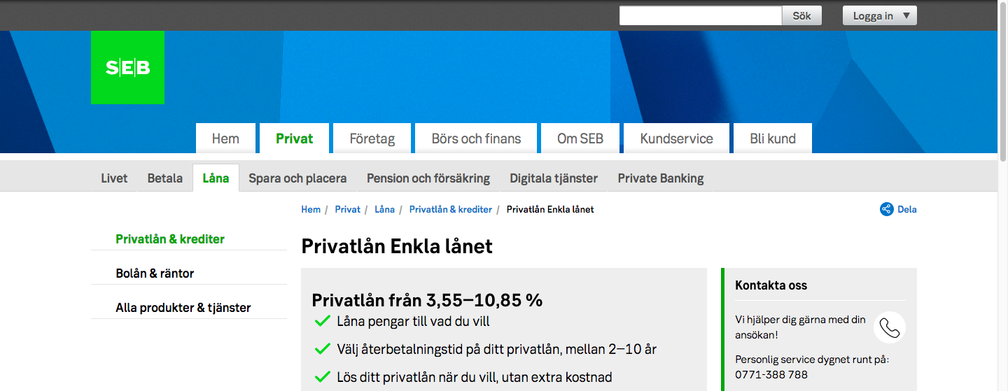 Vad ligger SEB privatlån ränta på?