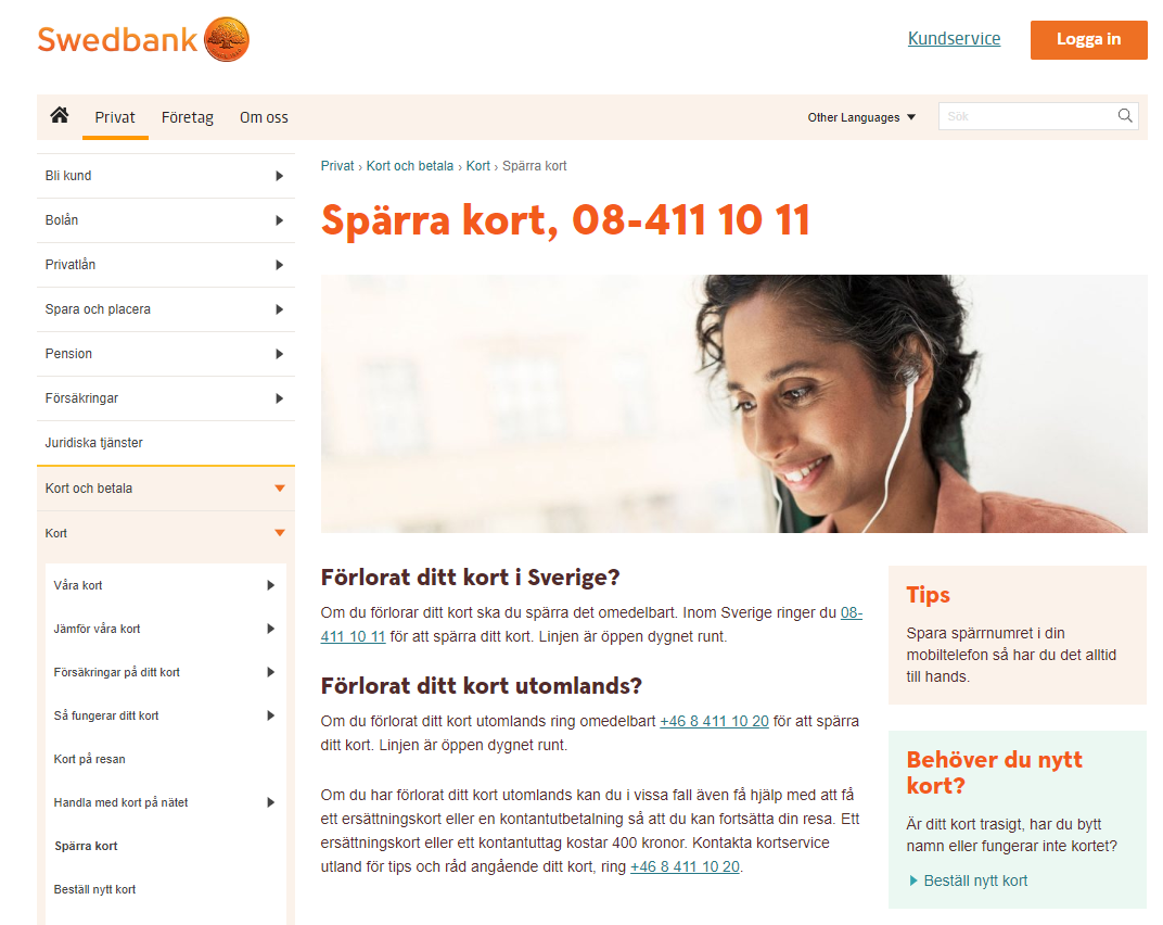 Spärra Swedbank kort online, utomlands & internetbank